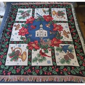 Christmas Tapestry Throw Blanket 54 X 45 Poinsettias Bird Houses Brass Horns Vtg